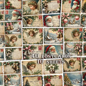 Christmas printable postcards, vintage antique angels, Santa Claus, bells, 10 sheets, 40 Christmas cards, Christmas ephemera digital papers