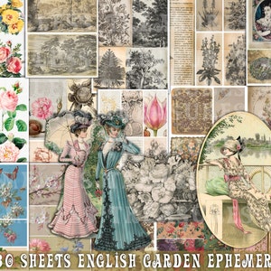 Junk-Journal Zubehör, 30 Blatt digitale Ephemera ENGLISCHER GARDEN Rosen, Papierpackung, Collage Hintergrund, shabby chic