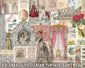 Digital ephemera, 33 sheets, junk journal, printable, Victorian lady, SET 9, scrapbook, cards, labels, tags, collage, antique, paper crafts