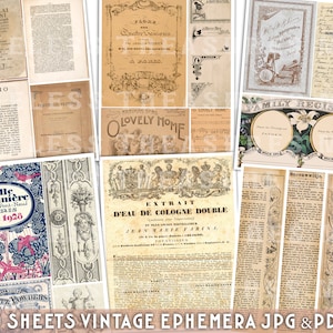 May include: A collection of 30 vintage ephemera sheets in JPG and PDF format. The sheets feature various designs, including floral patterns, text, and illustrations. Some of the text includes "Belle Jardini&egrave;re", "Quatre Saloons", "Patimas Song", "Lovely Home", "Family Register", "Extraits d'Eau de Cologne Double", and "Seidltiz Powders".