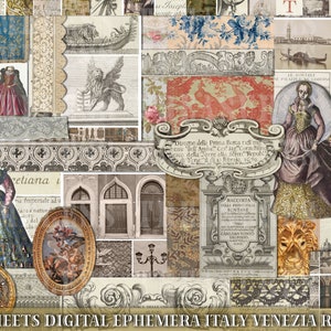 Junkjournaal 30 vellen, afdrukbare benodigdheden Italië Venetië Rome Venezia, SET 7, vintage labels tags plakboekkaarten collage antieke illustraties