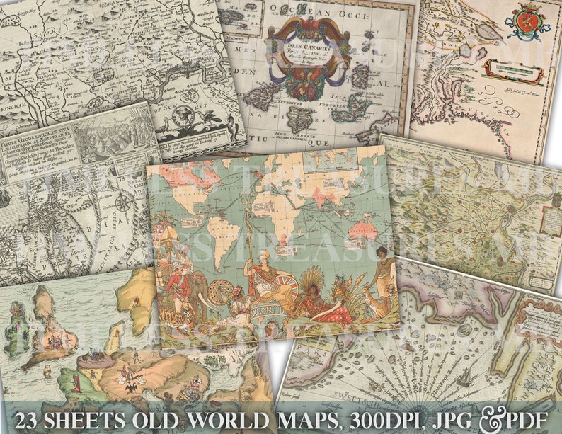 old travel maps, Antique world maps, digital paper, old world maps, vintage maps, grunge junk journal maps, ephemera kit supply, 23 sheets, paper crafts, scrapbook cards, digital prints, old paper, background digital paper, decoupage paper,