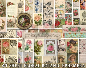 PRINTABLE EPHEMERA, 41 sheets FLORAL botanic junk journal kit, digital vintage labels tags ads, scrapbook cards collage crafts antique roses