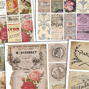 Op de afbeelding: Een collage van vintage afbeeldingen met een Parijs-thema, waaronder rozen, tekst en illustraties. De afbeeldingen bevatten Franse tekst, zoals "Au Genie des Chartreux" en "Grande Medaille d'Or".
