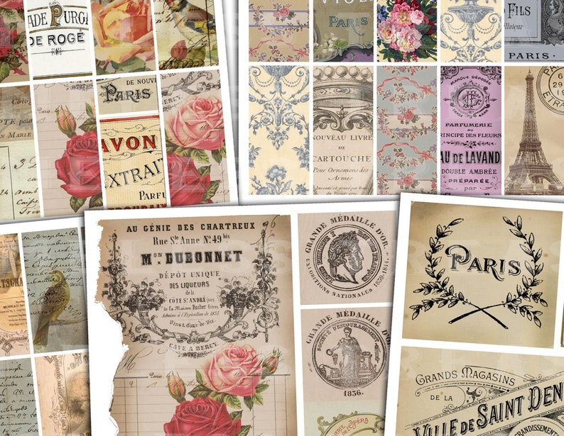Op de afbeelding: Een collage van vintage afbeeldingen met een Parijs-thema, waaronder rozen, tekst en illustraties. De afbeeldingen bevatten Franse tekst, zoals "Au Genie des Chartreux" en "Grande Medaille d'Or".