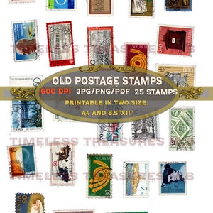 Francobolli in tutto il mondo, francobolli di 40 anni, effimeri digitali stampabili Junk Journal Kit Collage scrapbook Vintage, 600 DPI, set di 27 TIMBRI