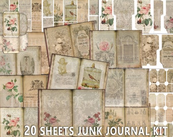 Puede incluir: Un conjunto de 20 hojas de papel de estilo vintage para el diario de chatarra. Las hojas presentan imágenes de rosas, pájaros, jaulas y libros antiguos. Las hojas están en tonos beige, marrón y crema.