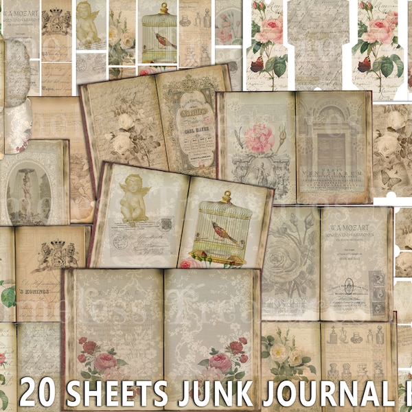 Junk journal supplies, 20 sheets printable scrapbook collage, ROMANTIC ROSES and LACE, vintage labels, envelopes, tags, cards, shabby chic