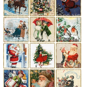 12 Christmas cards vintage Santa Claus digital paper scrapbook ephemera junk journal kit printable design old retro xmas tree snow skating