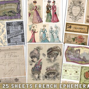 collage digital sheets, Printable ephemera, junk journal kit, FRENCH EPHEMERA SET 1,  25 sheets, digital vintage labels, vintage tags, antique ads, scrapbook sheets, antique papers, digital print, old tattered papers, victorian papers, france, paris
