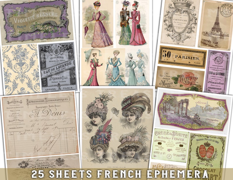 collage digital sheets, Printable ephemera, junk journal kit, FRENCH EPHEMERA SET 1,  25 sheets, digital vintage labels, vintage tags, antique ads, scrapbook sheets, antique papers, digital print, old tattered papers, victorian papers, france, paris