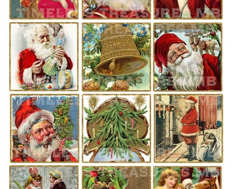 12 Christmas cards vintage Santa Claus digital paper scrapbook ephemera junk journal kit printable design old retro xmas tree kids mistletoe