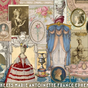 Marie Antoinette 42 vellen AFDRUKBARE EPHEMERA junk journal kit Frankrijk Parijs, vintage labels, tags advertenties plakboekkaarten collage ambachten antiek