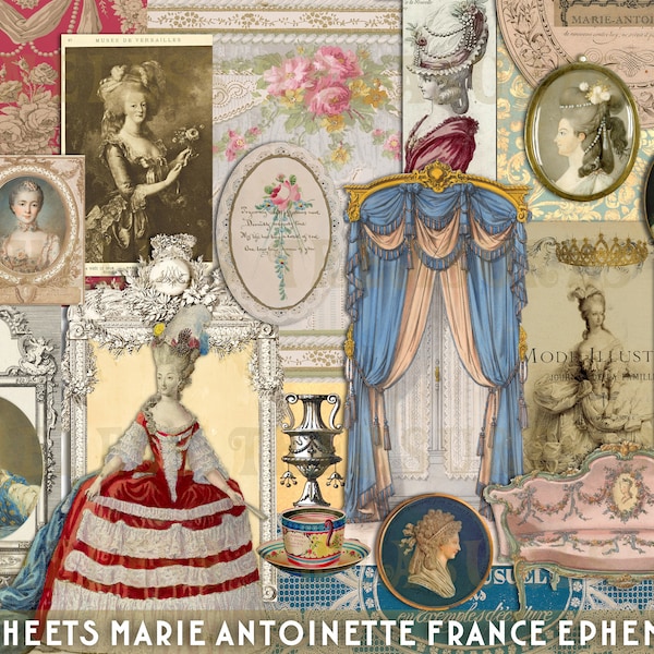 Marie Antoinette 42 sheets PRINTABLE EPHEMERA junk journal kit France Paris, vintage labels tags ads scrapbook cards collage crafts antique