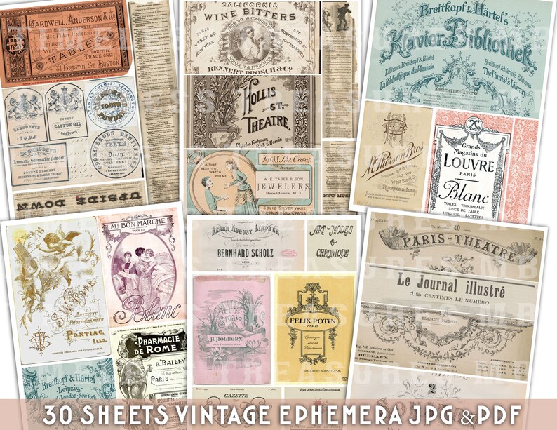 junk journal kit, DIGITAL VINTAGE ephemera , 30 sheets, SET no. 10, printable labels, tags, scrapbook cards, collage, antique, ornaments, letters, Victorian ephemera, printable ephemera, antique paper, collage paper, paper craft work, shabby chic