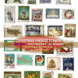Sellos postales falsos vintage de Navidad, sellos postales de Navidad imprimibles efímera Junk Journal Kit, papel digital Collage Sheet papel de álbum de recortes