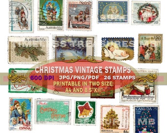 Vintage Christmas Stamps, Printable Ephemera, Junk Journal Kit (Digital Download)
