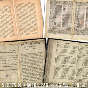 K&ouml;nnte beinhalten: Eine Sammlung von 25 digitalen Bildern alter Buchseiten. Die Seiten sind in verschiedenen Braunt&ouml;nen und Cremefarben mit schwarzem Text. Die Seiten haben einen Vintage-Look. Der Text auf einer Seite lautet "PRZEMOWA Do czytającego".