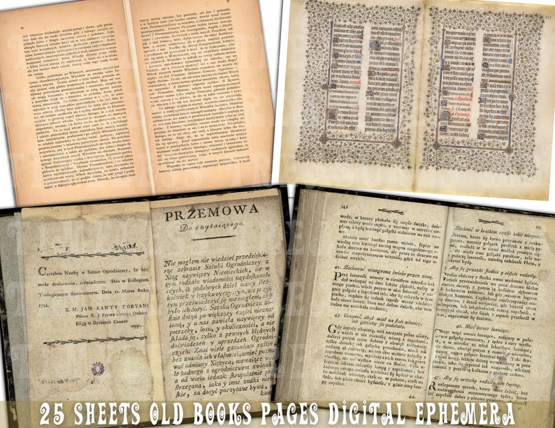 K&ouml;nnte beinhalten: Eine Sammlung von 25 digitalen Bildern alter Buchseiten. Die Seiten sind in verschiedenen Braunt&ouml;nen und Cremefarben mit schwarzem Text. Die Seiten haben einen Vintage-Look. Der Text auf einer Seite lautet "PRZEMOWA Do czytającego".