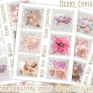 PINK WEIHNACHTSKARTEN Geschenkanhänger Etiketten Bilder Fotos, Junk Journal, Collage Verzierung, 16 Bilder in 2 Größe, 7 Bögen zum Ausdrucken