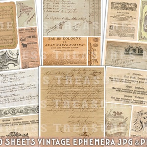May include: A collection of 30 vintage ephemera sheets in JPG and PDF format. The sheets feature various designs, including handwritten text, musical notes, and illustrations. The sheets are in shades of brown, beige, and cream.