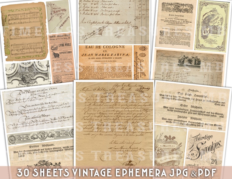 May include: A collection of 30 vintage ephemera sheets in JPG and PDF format. The sheets feature various designs, including handwritten text, musical notes, and illustrations. The sheets are in shades of brown, beige, and cream.