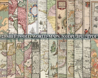 Antike alte Weltkarten: Vintage Ephemera Kit (23 druckbare Seiten in JPG & PDF)