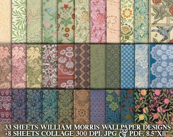 William Morris Tapeten, 41 digitale Blätter, Musterdesign, Hintergrund, Collage, antikes Tränenpapier, Junk Journal druckbares Ephemera-Kit