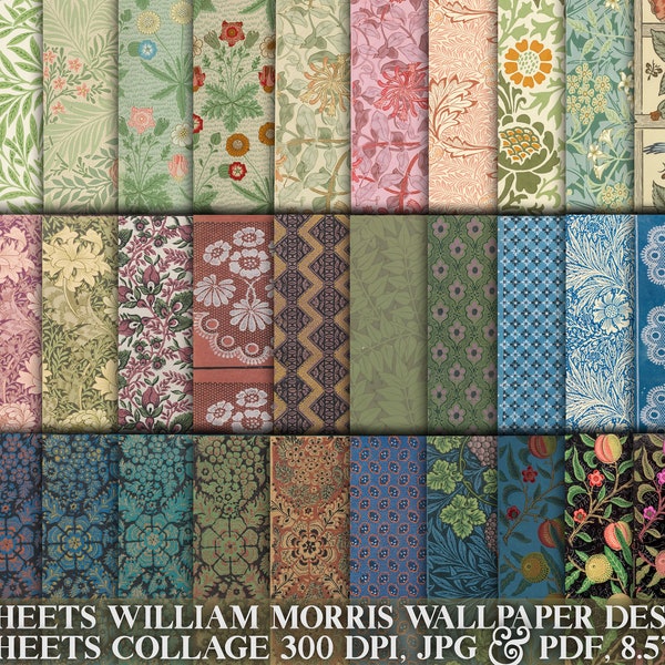 William Morris wallpapers, 41 digital sheets, pattern design, background, collage, antique tear paper, junk journal printable ephemera kit