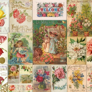 Etiquetas de diário de lixo, kit de diário de lixo vintage, etiquetas de anúncios de scrapbook, vintage digital, cartões comerciais de colagem, jardinagem floral, 15 folhas