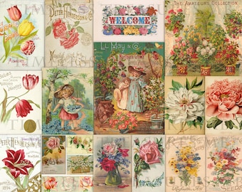 Junk journal labels, Vintage junk journal kit, scrapbook labels tags ads, digital vintage, collage trade cards, gardening floral, 15 sheets