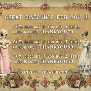 K&ouml;nnte beinhalten: Eine Vintage-Anzeige mit zwei Frauen in Kleidern. Der Text lautet "GREAT DISCOUNTS FOR YOU!!!" mit Details zu Rabatten f&uuml;r den Kauf mehrerer Artikel und Gutscheincodes: "THANKYOU70", "THANKYOU60" und "THANKYOU50". Am unteren Rand der Anzeige steht "TIMELESS TREASURES MB BY MARIART".