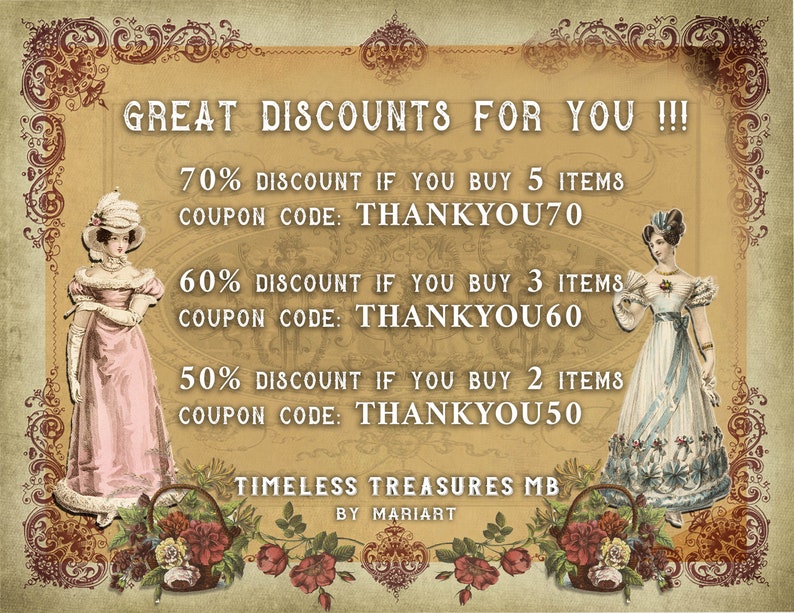 K&ouml;nnte beinhalten: Eine Vintage-Anzeige mit zwei Frauen in Kleidern. Der Text lautet "GREAT DISCOUNTS FOR YOU!!!" mit Details zu Rabatten f&uuml;r den Kauf mehrerer Artikel und Gutscheincodes: "THANKYOU70", "THANKYOU60" und "THANKYOU50". Am unteren Rand der Anzeige steht "TIMELESS TREASURES MB BY MARIART".