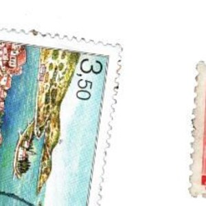 May include: Four vintage postage stamps with different designs. The first stamp features a painting of two people sitting at a table. The second stamp shows a coastal scene with the text "Republika Hrvatska" and "3,50". The third stamp features a red bus with the text "60" and "Magyar Posta". The fourth stamp features a black and white illustration of a person holding a basket of fruit with the text "Deutsche Bundespost 1949-1952" and "140-1542".