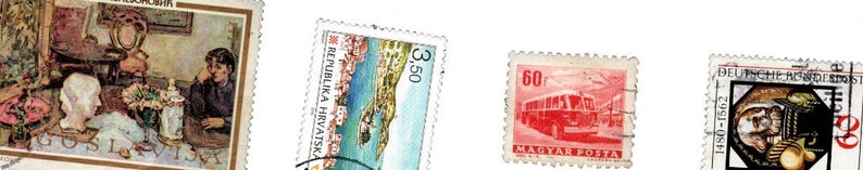 May include: Four vintage postage stamps with different designs. The first stamp features a painting of two people sitting at a table. The second stamp shows a coastal scene with the text "Republika Hrvatska" and "3,50". The third stamp features a red bus with the text "60" and "Magyar Posta". The fourth stamp features a black and white illustration of a person holding a basket of fruit with the text "Deutsche Bundespost 1949-1952" and "140-1542".