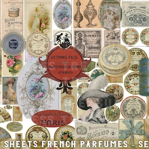 Coisas efêmeras para impressão, 30 folhas, kit de diário de lixo FRENCH PERFUMES Paris, CONJUNTO 1, perfume França, água de colônia, etiquetas vintage etiquetas cartões anúncios