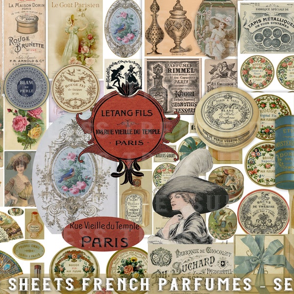 Printable ephemera, 30 sheets, junk journal kit FRENCH PERFUMES Paris,  SET 1, parfume France, eau de cologne, vintage labels tags cards ads