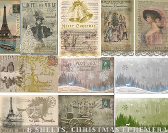 printable VINTAGE CHRISTMAS antique cards, ads, EPHEMERA for scrapbooks, collage, junk journal kit, craft works, embellishments, 8 sheets