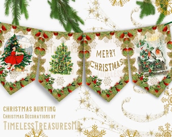 Vintage Christmas Bunting, Santa Banner Garland, Printable DIY (Digital Download)