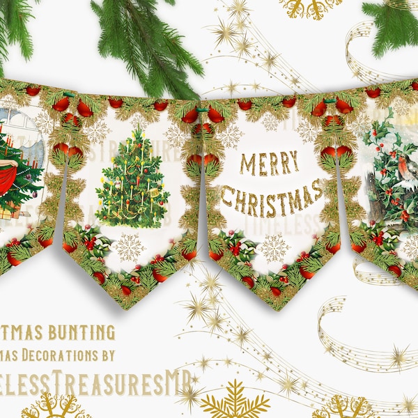 NATALE BUNTING Babbo Natale banner ghirlanda decorazione rustico antico collage di carte, lavori artigianali fai da te abbellimenti, 4 immagini, 2 fogli digitali