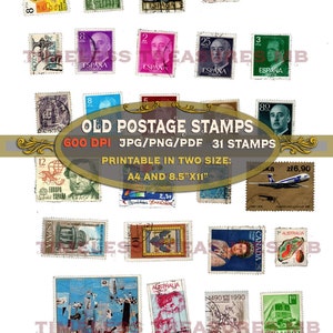 Francobolli in tutto il mondo, francobolli di 40 anni, effimeri digitali stampabili Junk Journal Kit Collage scrapbook Vintage, 600 DPI, set 31 TIMBRI