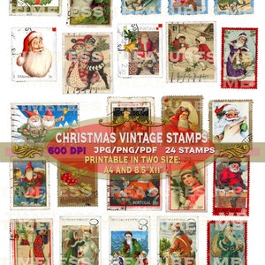 Sellos postales falsos vintage de Navidad, papel imprimible digital, sellos navideños de Papá Noel, efímeras, kit de diario basura, hojas de collage, álbum de recortes, publicación