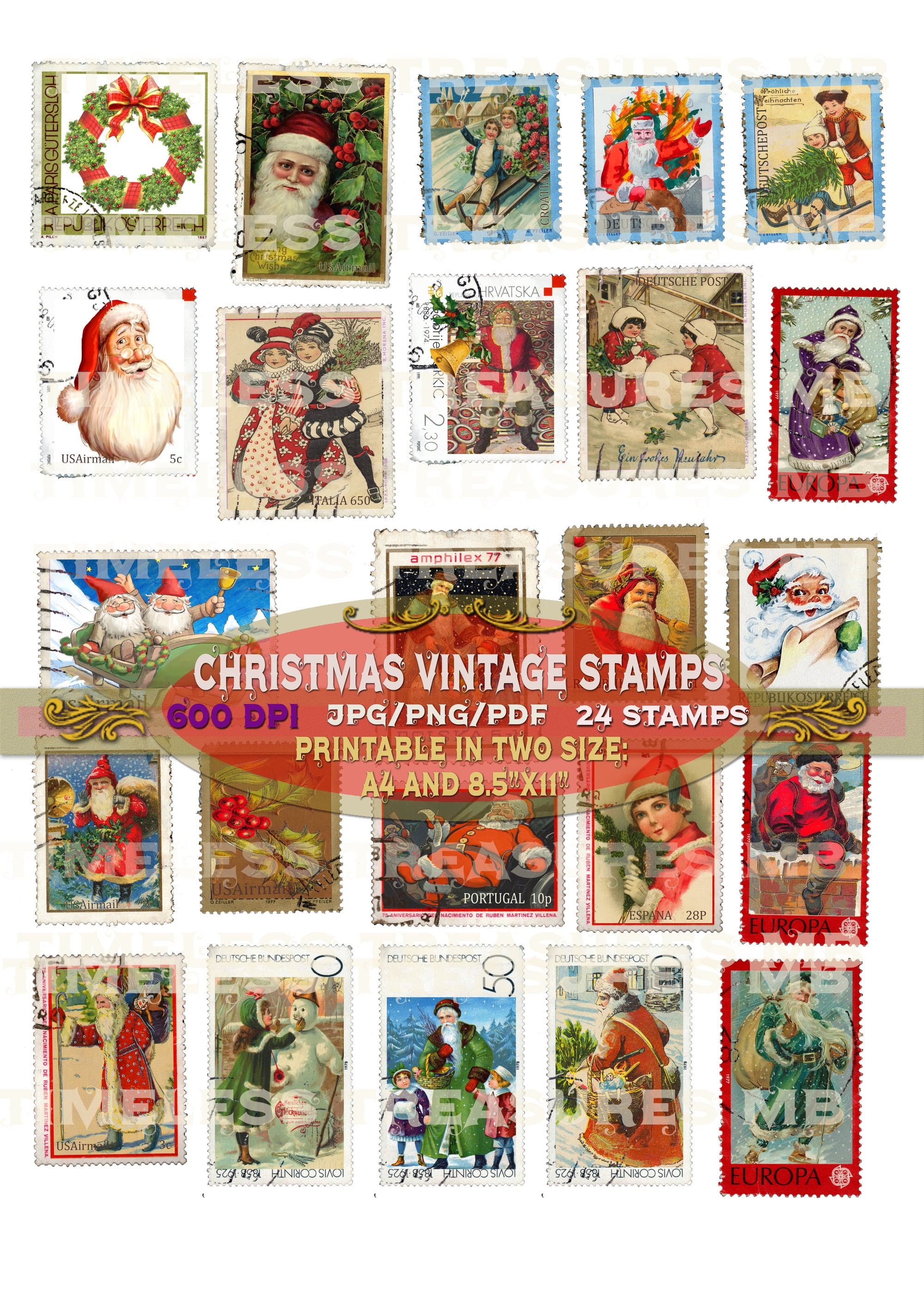 weihnachten vintage faux briefmarken digital printable papier