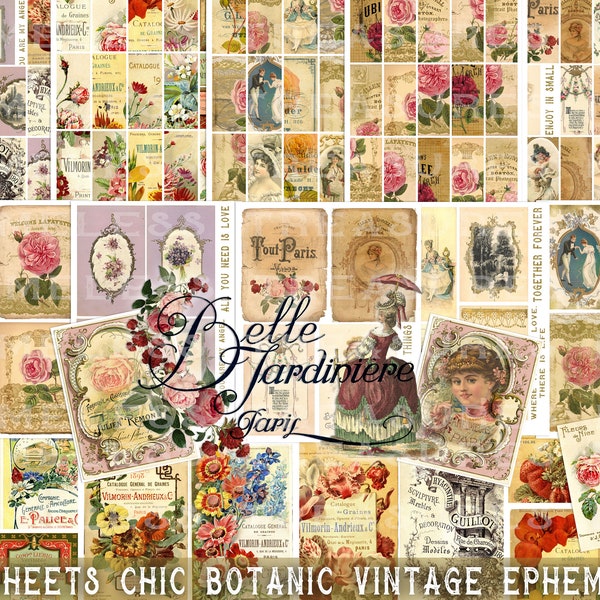 Junk journal kit 25 sheets, CHIC Botanic Vintage, printable ephemera, tags labels, scrapbook cards, collage, antique papers, floral roses