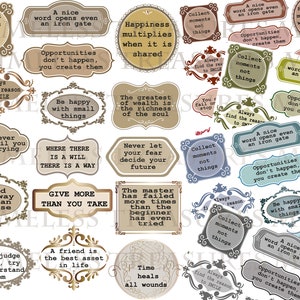 INSPIRATIEVE CITATEN woorden gezegde zinnen, scrapbook junk journal efemere, collage versiering SVG, pdf, png, jpg, 5 vellen, 5 kleurensets
