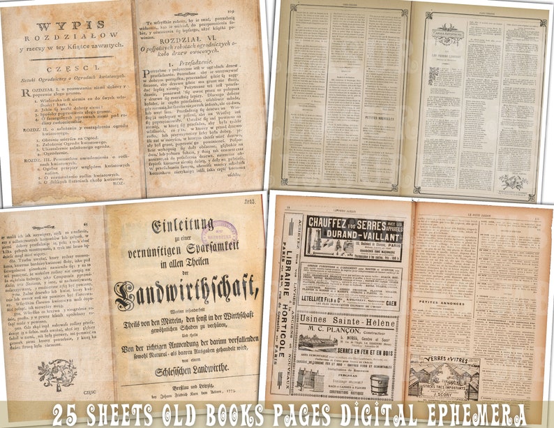 K&ouml;nnte beinhalten: Eine Sammlung von 25 alten Buchseiten mit Text in verschiedenen Sprachen, darunter Deutsch, Franz&ouml;sisch und Polnisch. Die Seiten sind gealtert und haben ein vergilbtes, abgenutztes Aussehen. Einige Seiten zeigen Anzeigen und Illustrationen.