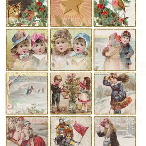12 Christmas cards vintage Santa Claus digital paper scrapbook ephemera junk journal kit printable design old retro xmas tree kids mistletoe
