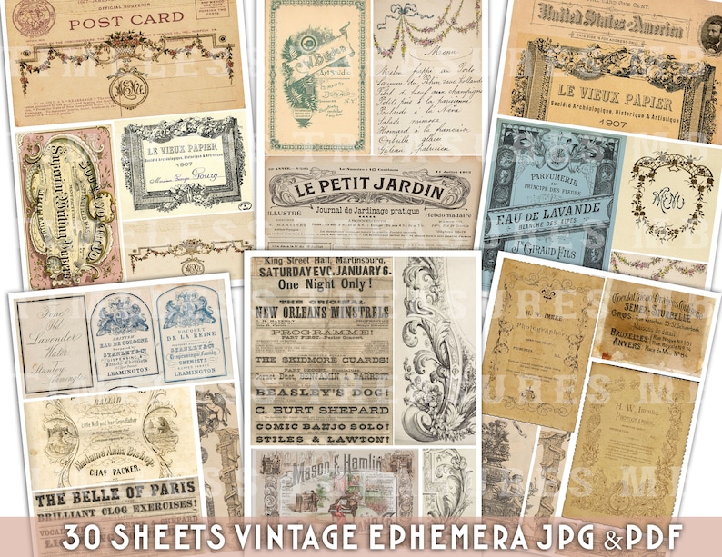 printable VINTAGE ephemera junk journal kit, 30 sheets, SET no. 10, printable labels, tags, scrapbook cards, collage, antique, ornaments, letters, Victorian ephemera, printable ephemera, antique paper, collage paper, paper craft work, shabby chic