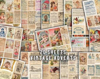 Junk journal ephemera, ephemera printable, scrapbook paper, collage, VINTAGE ADVERTS parfumes cologne, 20 sheets, antique, labels, digitals