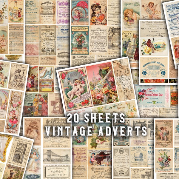 Junk journal ephemera, ephemera printable, scrapbook paper, collage, VINTAGE ADVERTS parfumes cologne, 20 sheets, antique, labels, digitals